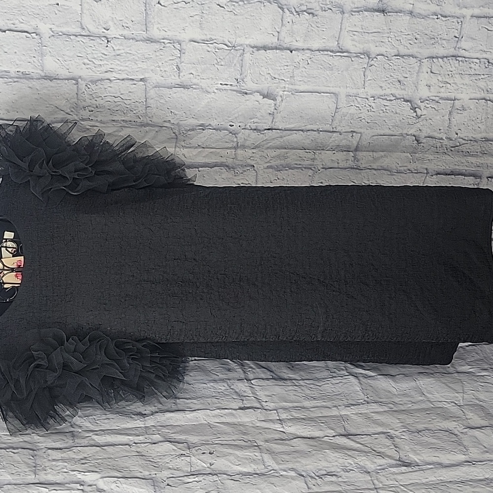 Entro Black Ruffle Sleeve Textured Shift Dress Tulle Statement‎ Large NWT